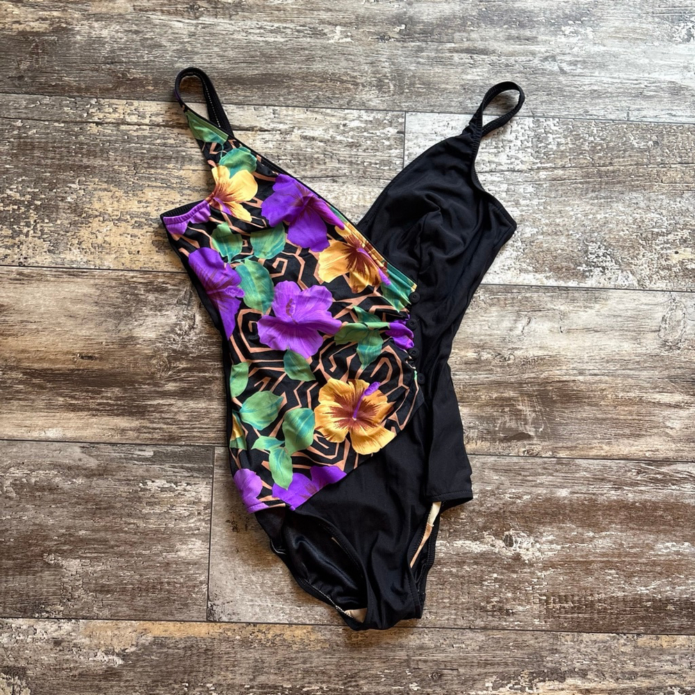 Vintage Maxine of Hollywood One Piece Swimsuit Size 14 Black Floral Tropical